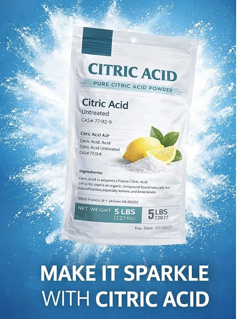 99% Pure Natural Citric Acid Powdered Cleaning Agent - 5lb Fine Granules, Free Flowing, Industrial Heavy Cleaner, Lime Scale Remover, PH Adjuster, Photography Use, Non-Food Grade