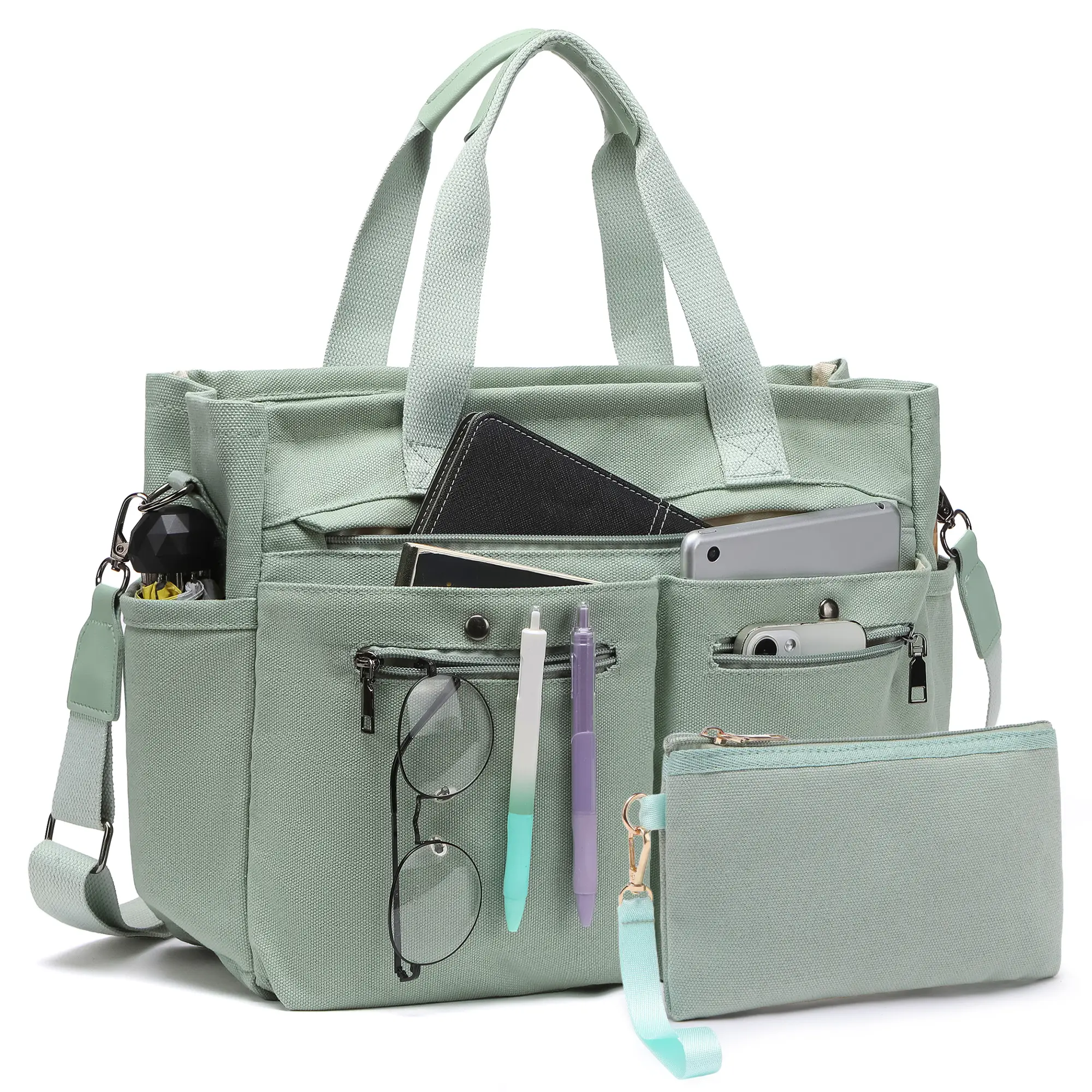 2-Piece Set: Women's Spacious Canvas Tote Bag – Ideal as a Laptop Bag, Crossbody Shoulder Bag, Hobo Messenger Bag, Handbag, Travel Tote, Gym Bag, or Work Travel Companion.
