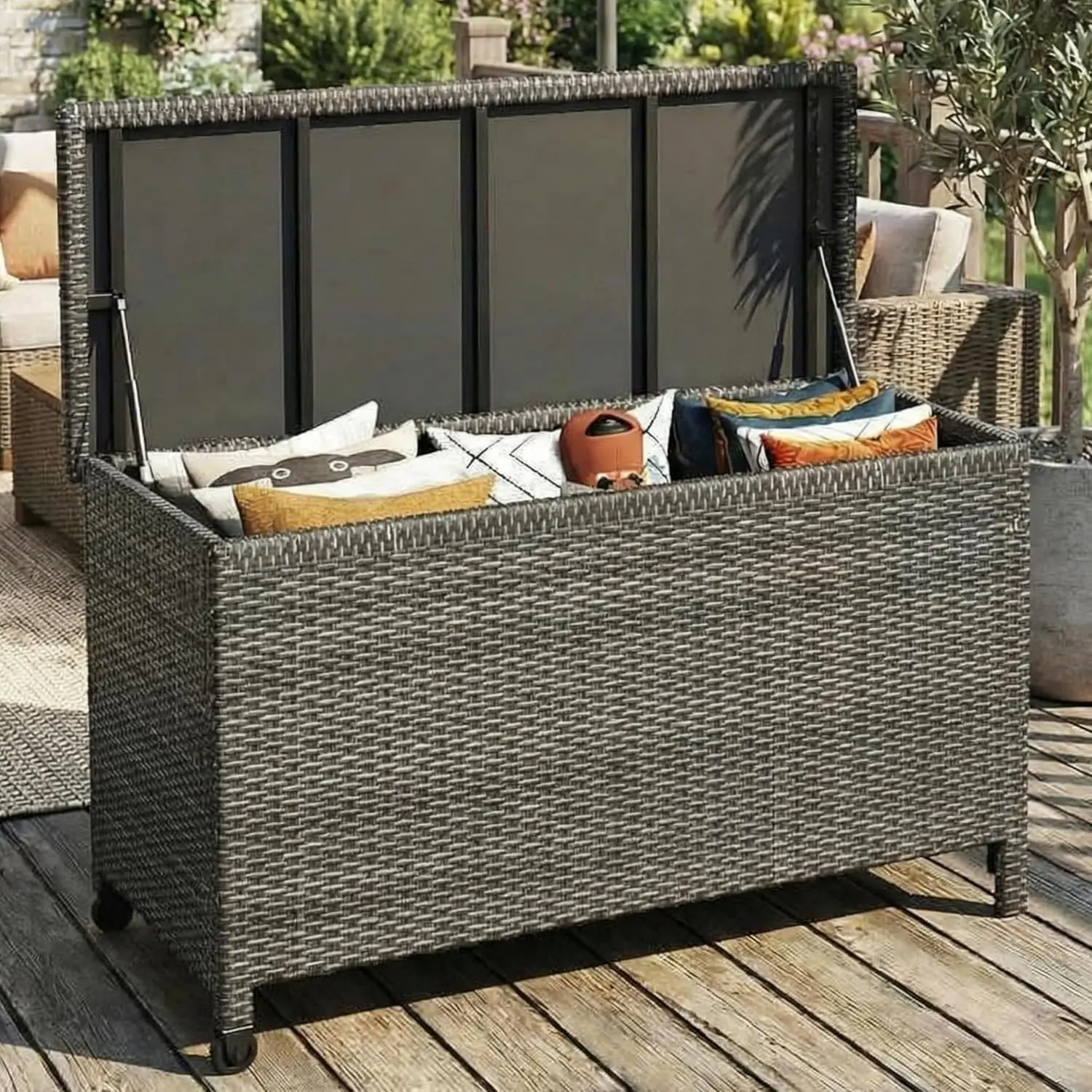 185 Gallon Outdoor Storage Box with Wheels - Large Wicker Rattan Deck Box for Patio Cushions, Garden Tools, Pool Floats & Pillows, All-Weather Patio Furniture Storage, Gary