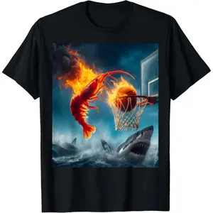 Shrimp Dunking on Shark Funny Fishing Meme T-Shirt – Humorous Graphic Tee, Great Gift for Men and Women