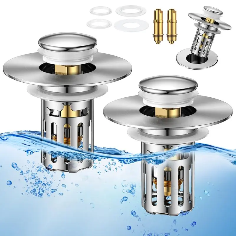 Universal 2-in-1 Bathroom Sink Stopper,Pop-up with Anti-Clog Removable Stainless SteelFilter Basket Drain Hair Stopper, Anti-Odor Stopper Easy Install Sturdy Turbo Drainage