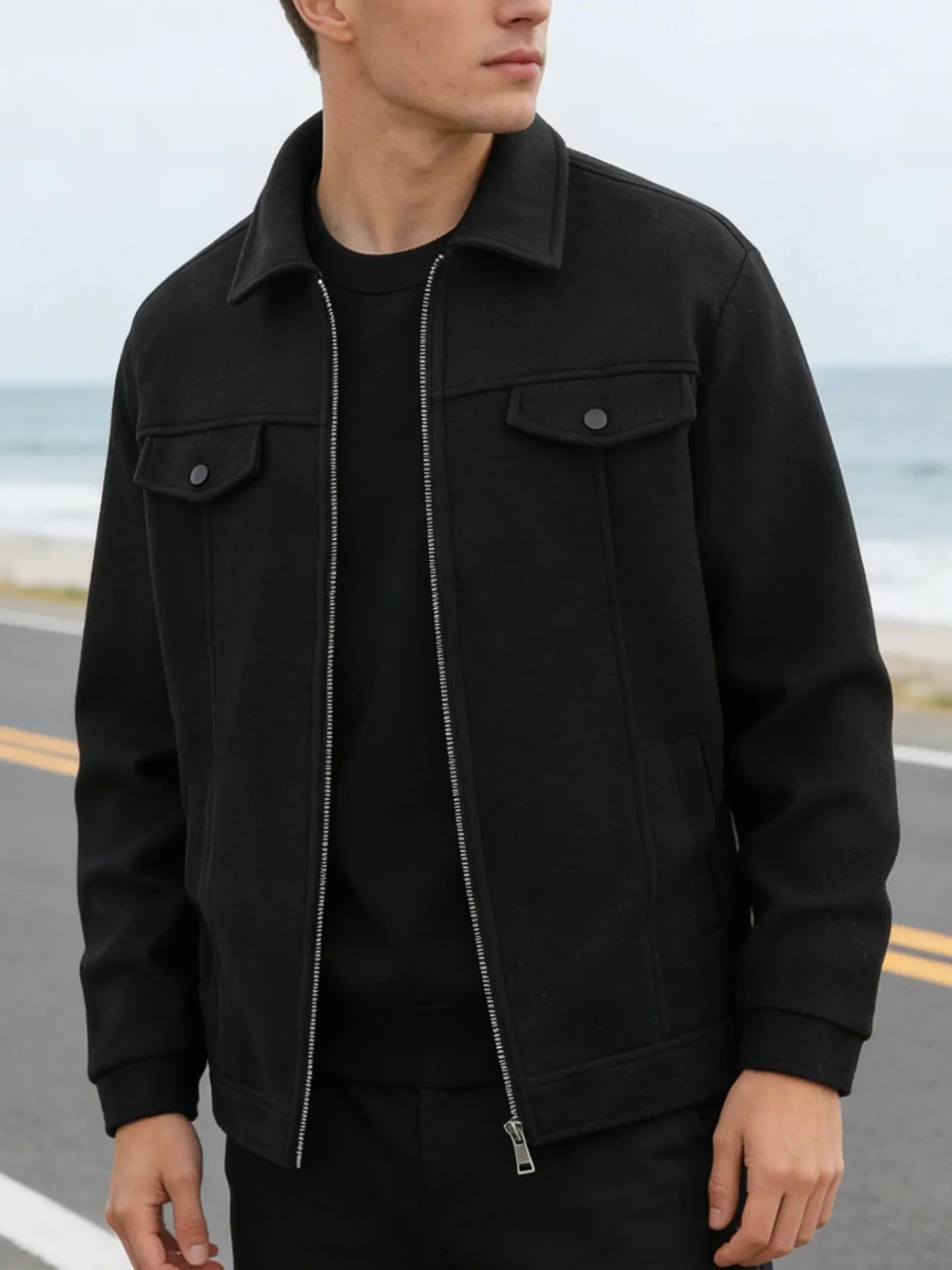 Men's casual jacket, Solid color jacket, made of durable woolen fabric, with a zipper closure and lapel design, lightweight, easy to maintain, suitable for daily and formal wear, spring/autumn/winter