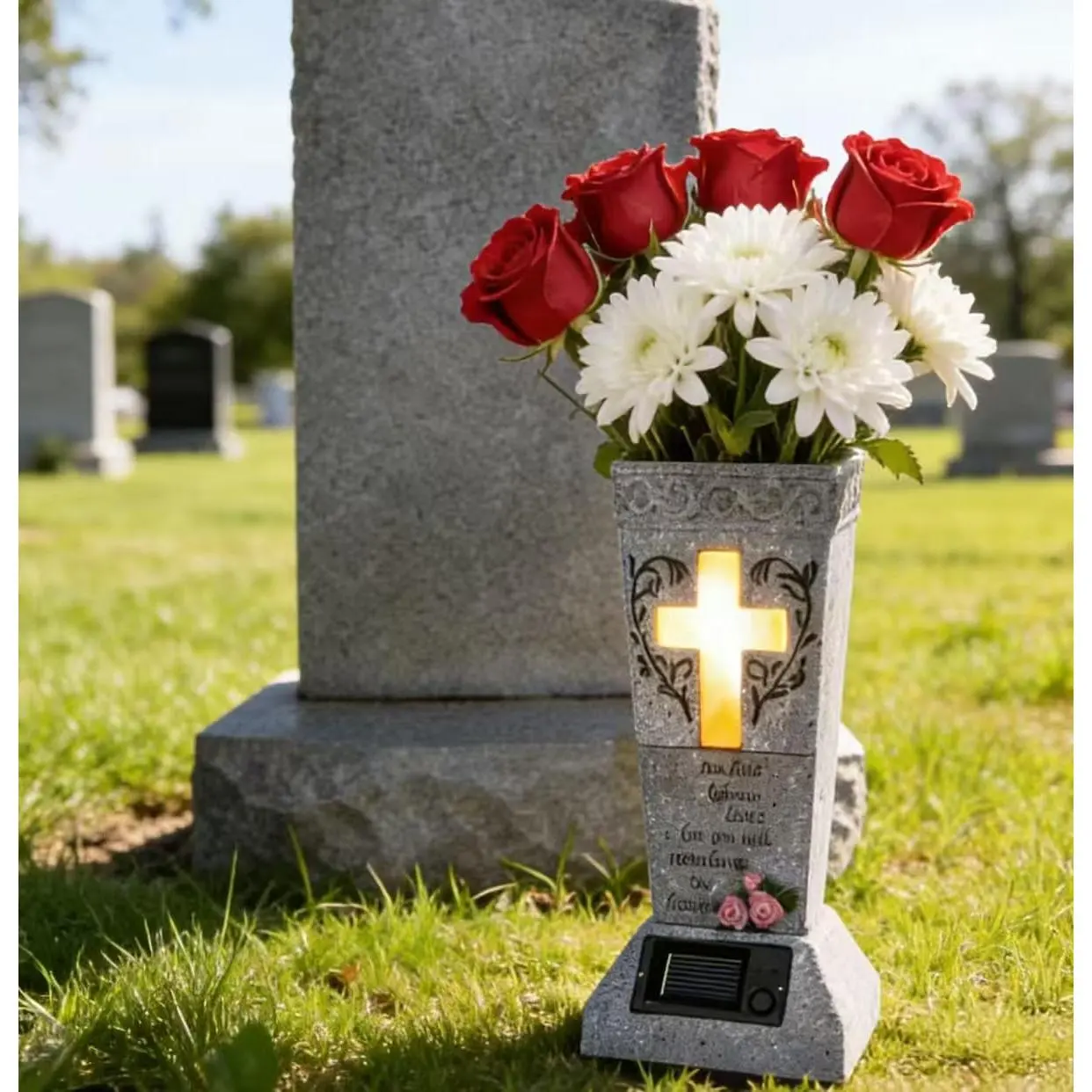 Resin Metal Solar Cemetery Vase - Waterproof Memorial Flower Holder with LED Lights Cross, Sympathy Gift for Grieving Individuals, Grave Accessory for Fresh or Artificial Flowers, Room Decor