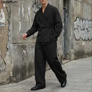 INCERUN Men's Classic Plain Long-Sleeve Kimono Wrap Clothing Set - Opium Core, Dark Academia Alternative Street Style Menswear Fashion