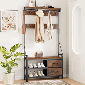 Lulive Hall Tree, 31.5" Entryway Bench with Coat Rack freestanding, 5 in 1 Intelligent Design Shoe Bench and Wall Rack 17 Hooks and Drawers (Rustic Brown)