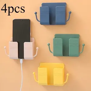 4-Piece Multifunctional Wall-Mounted Bedside Organizer, Mobile Phone Storage Rack, Adhesive Fiber Shelving Solution, Multifunctional Phone Stand, Phone Holder, Cell Phone Holders
