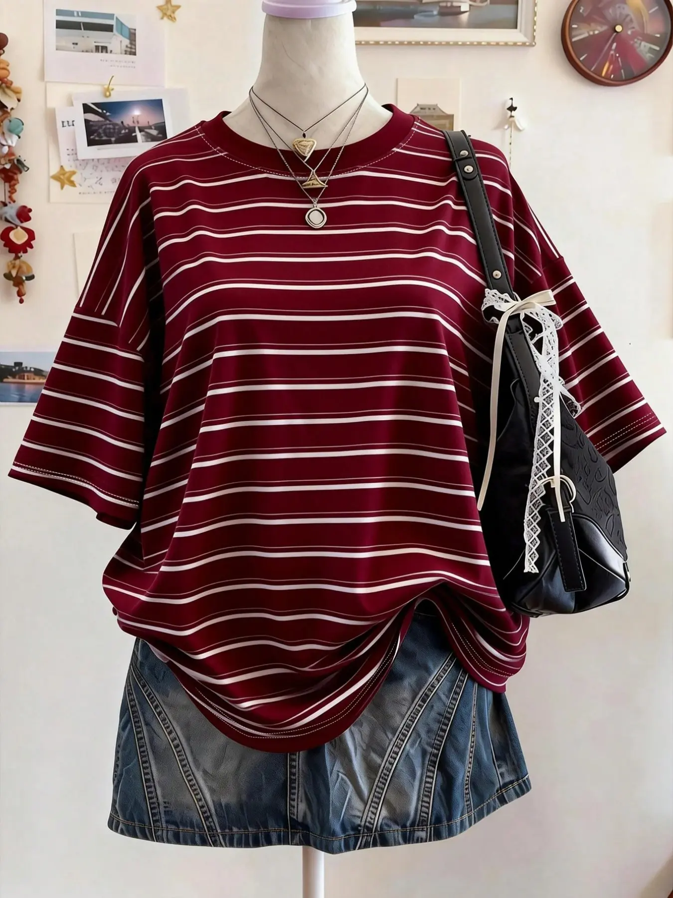 Women's Striped Digital Print Round Neck Drop Shoulder T-Shirt, Everyday Casual Loose-Fit Short Sleeve Top, Perfect Gift for Friends