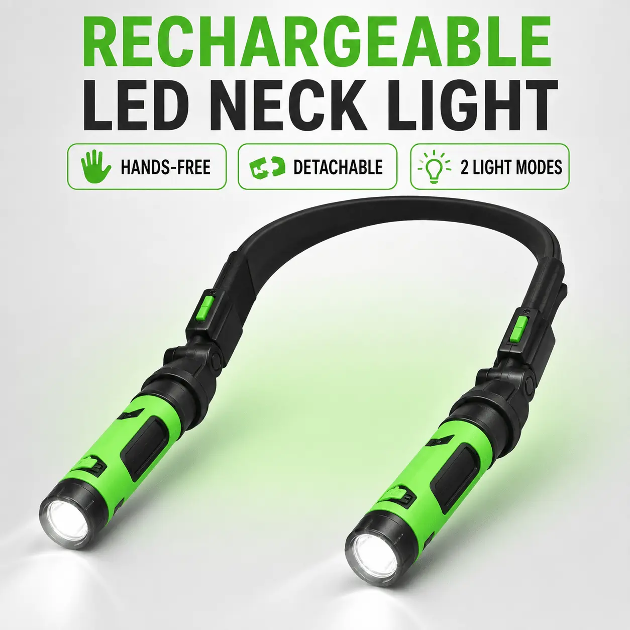 3-in-1 Rechargeable LED Neck Light, 2 Detachable Magnetic Flashlights, 2 Brightness Modes, 120° Adjustable Angle Hands-Free Auto Repair Aid for Reading & Emergencies