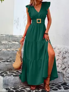 Elegant V-Neck Waist-Cinching Dress, Spring Summer Long Maxi Dress, Women's Fashionable and Stylish Clothing