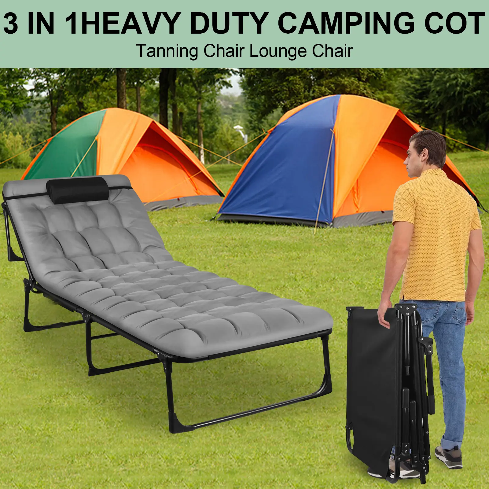 Folding Bed Cot with 2 Sided, 74''*26'' Portable Sleeping Guest Beds, Heavy Duty Camping Cots with Carry Bags, Adjustable Outdoor Champing Bed Multi Purpose Foldable