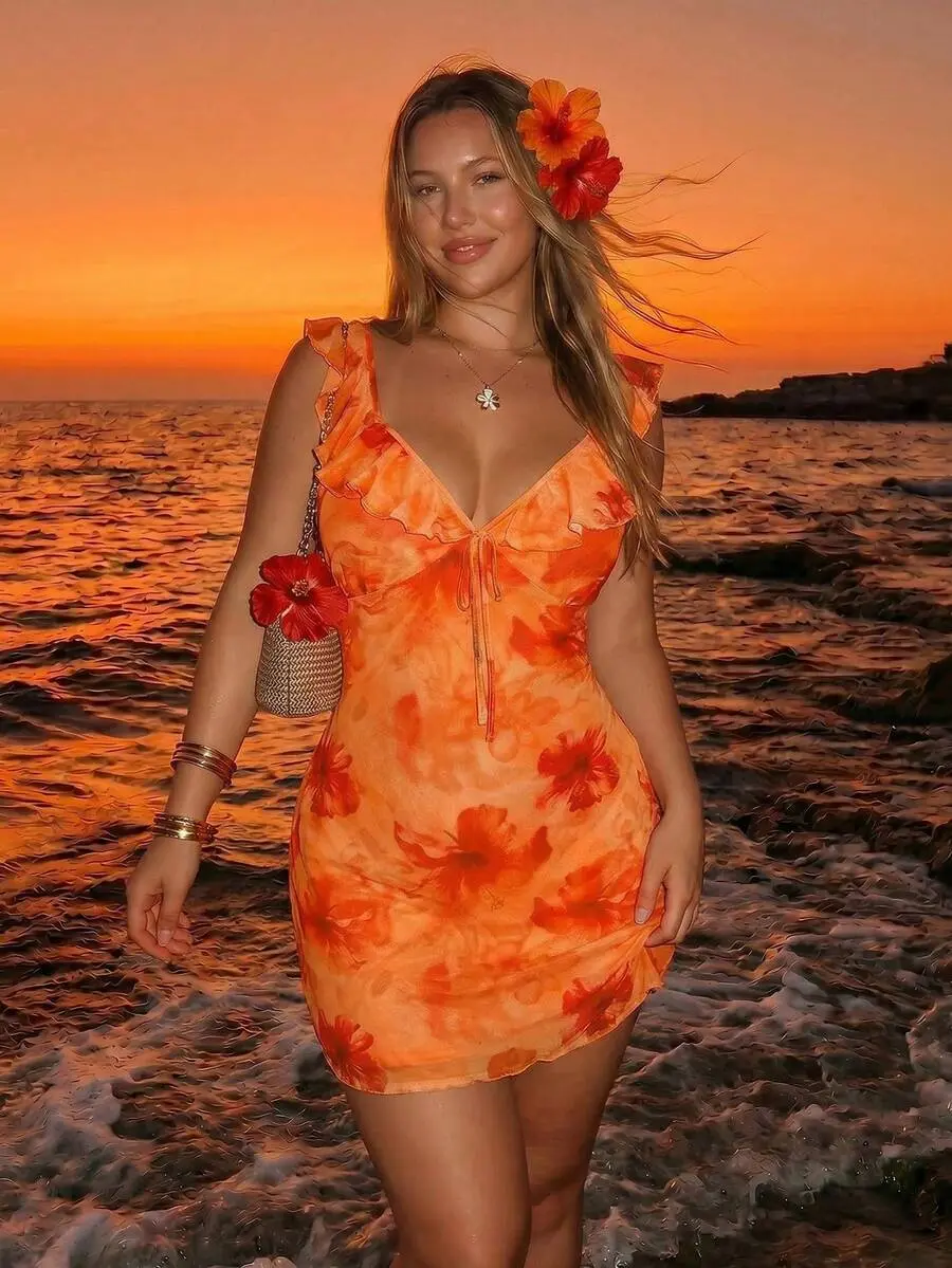 SlaySleep x  ICON Plus Size Women's Orange Summer Boho Vacation Holiday Retro Y2K Sweetheart Neck Ruffle Floral Print Slim Fit Mesh Dress Beach Elegant Fashion
