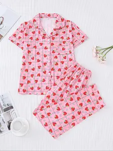 Women's Sleepwear Set, Strawberry Fruit Print, Elegant Casual, Comfortable Lapel Short Sleeve Top & Wide Leg Pants, Holiday Party Wear, Pajama Set