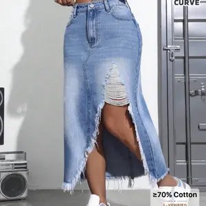 SXY Plus Size High Waist Raw Edge Slit Summer Fashion Casual Denim Skirt