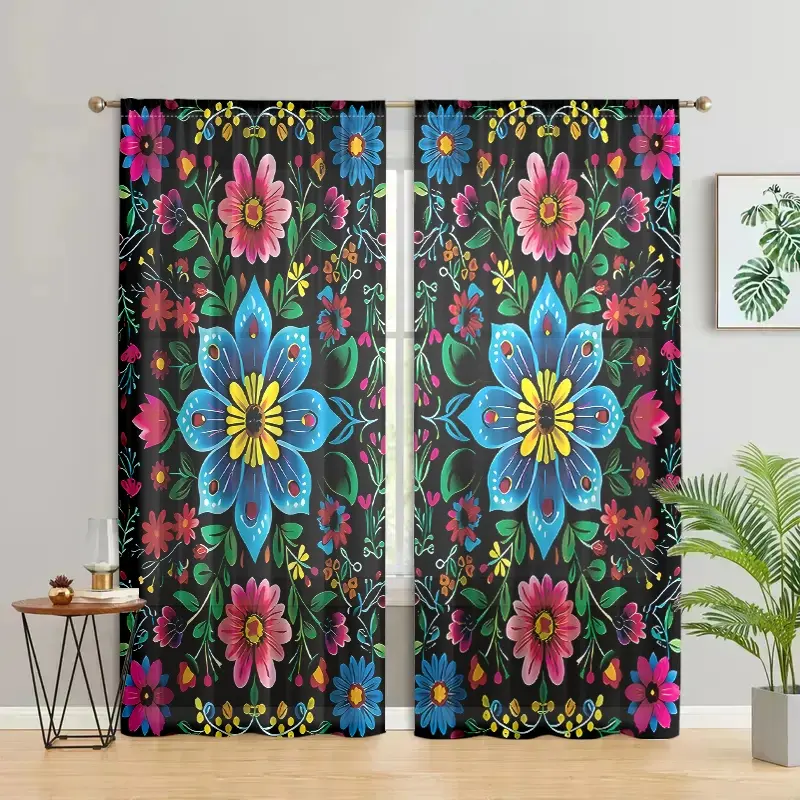 2 pieces, Mexican ethnic floral curtains, Bohemian pattern, pole pocket style, semi sunshade polyester fiber, suitable for home living room, bedroom, balcony, kitchen, study and shower window decoration, anti privacy, easy to clean.