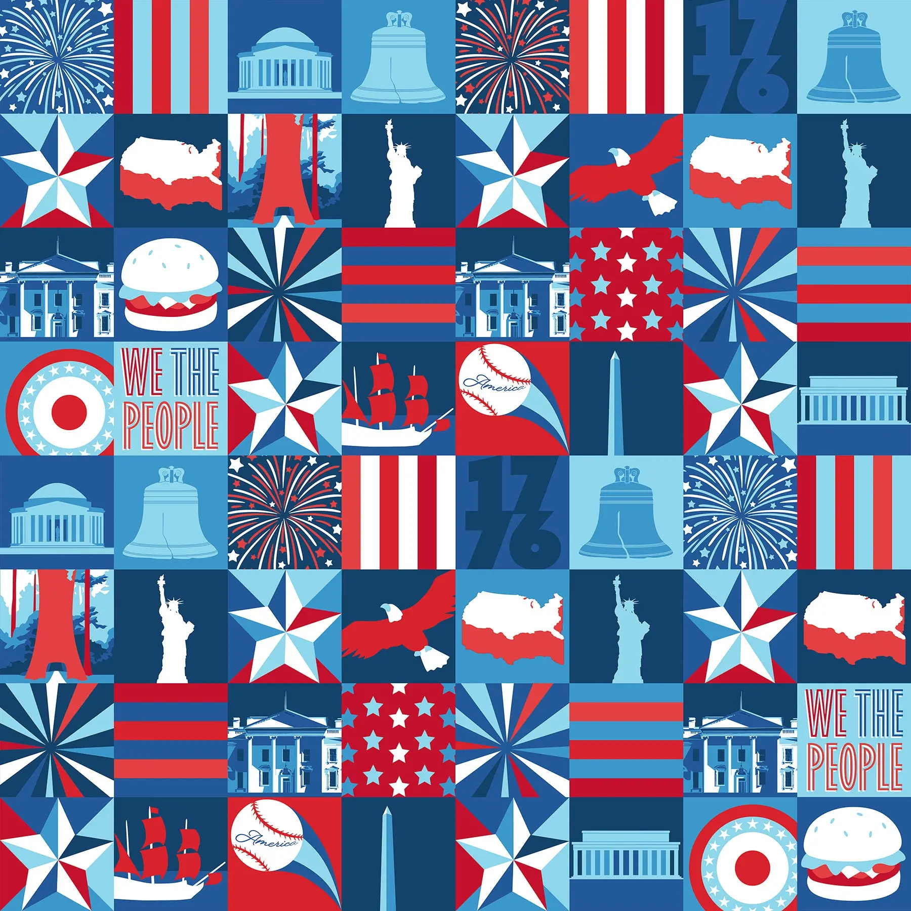 Fabric Northcott Navy Multi Icon Blocks America 250™ by the Quarter Yard 29052-48