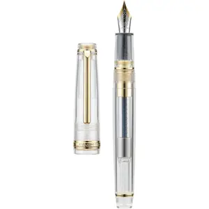 82 Acrylic Fountain Pen, Iridium Medium Nib with Ink Converter, Transparent Unique Design Smooth Writing Pen (Gold Trim)