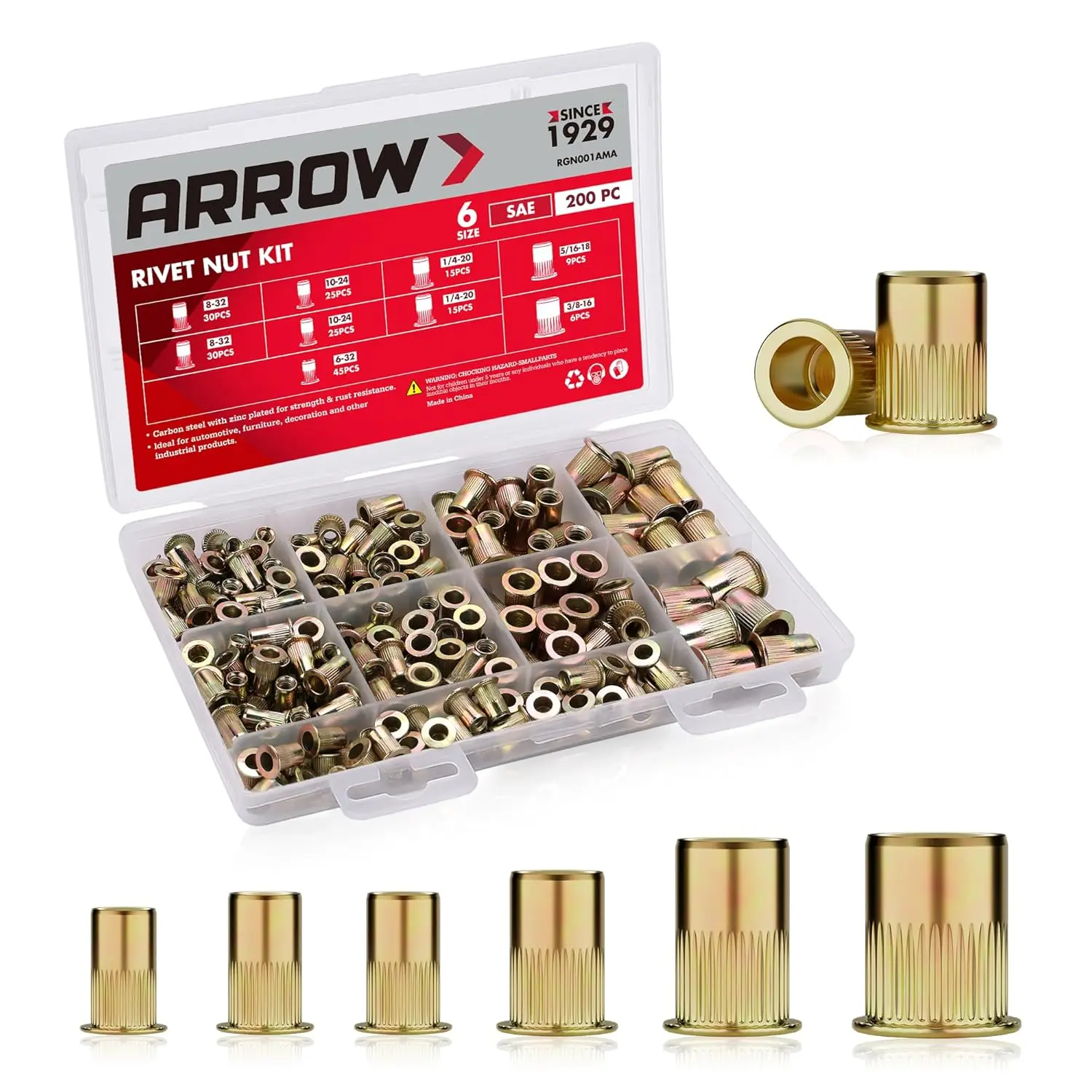 #summersale Arrow Rivet Nut Kit, 200pcs SAE High Carbon Steel Zinc Plated Rivnut Assortment Kit, Flat Head Threaded Insert Nutserts(#6-32, #8-32, #10-24,1/4"-20, 5/16"-18, 3/8"-16)