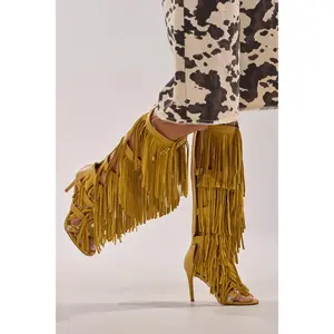 AZALEA WANG SAMEYANA MUSTARD FRINGE AND METAL STILETTO GLADIATOR SANDAL
