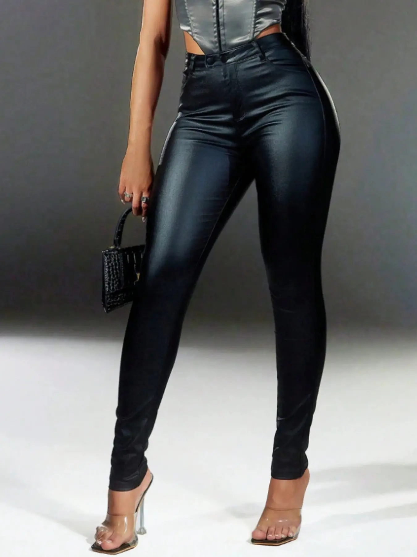 High Waist Button Fly PU Leather Elastic Skinny Tight Fit Pants, Casual Long Pants for Music Festivals and Parties, Women's Fashion, Womenswear