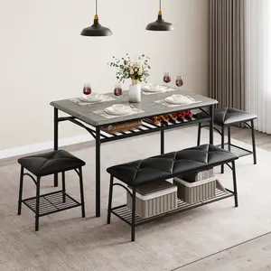 Dining Table with Benches, Kitchen Table Set for 4, Dining Room Table Set with Upholstered Bench and Square Stools, Metal and Wood Dining Table Set for 4 with Storage for Small Space-Grey