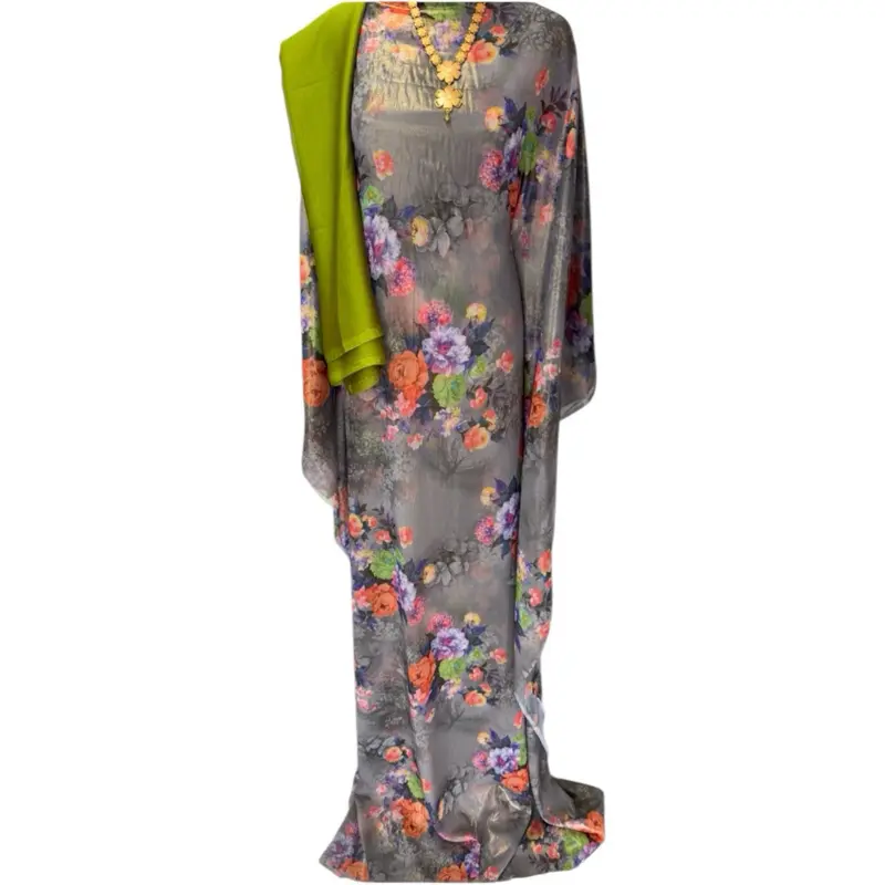 Somali Dirac Elegant Grey Floral Dress with Vibrant Multicolor Flowers and Sheer Sleeves
