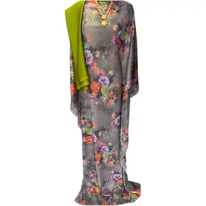 Somali Dirac Elegant Grey Floral Dress with Vibrant Multicolor Flowers and Sheer Sleeves
