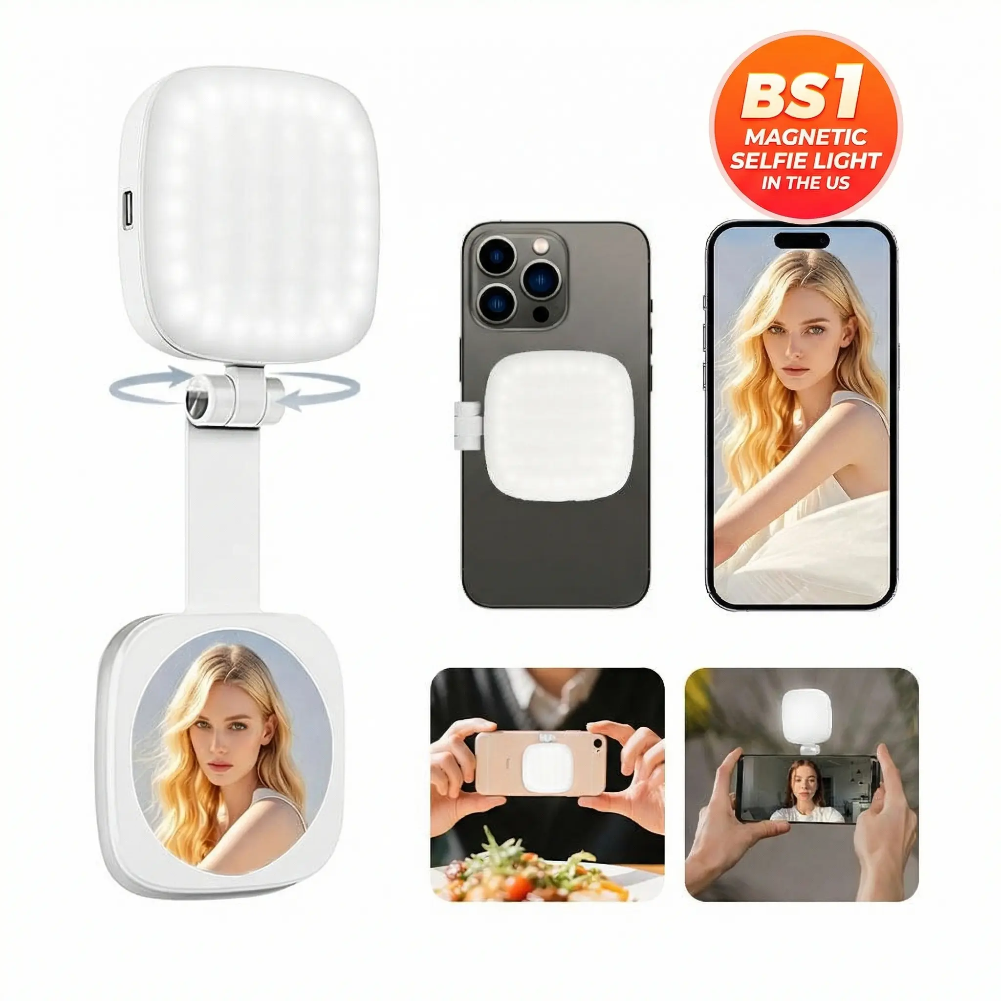 Portable Magnetic Selfie Light, Compatible With MagSafe iPhone，Phone Light With a Mirror, Adjustable For Phone Holder, 4 Lights Modes, 5 Brightness Adjustments,  Suitable For Selfies, Makeup, Live Broadcasts and Video Call Lighting, Perfect Gift For Girls