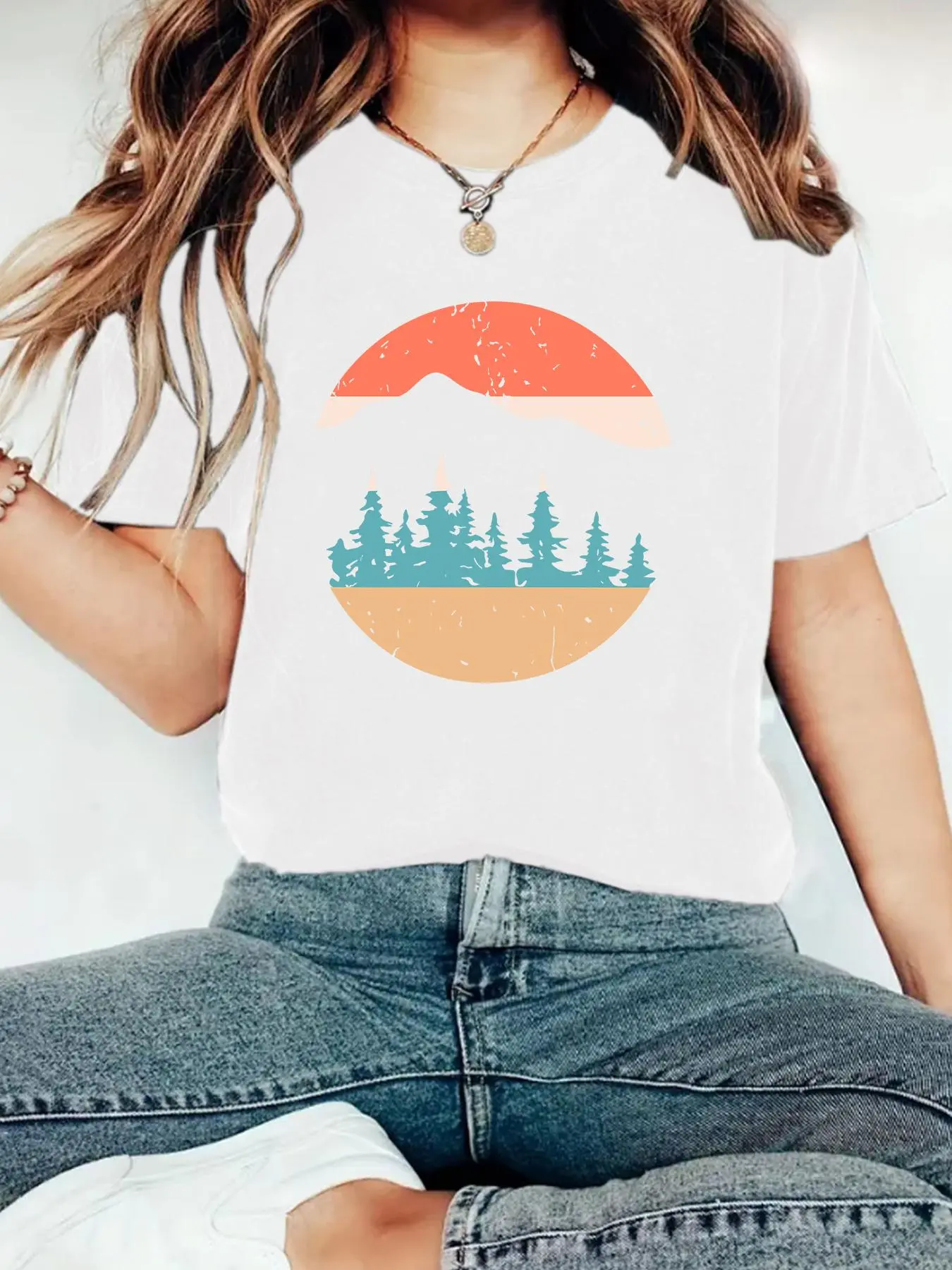 Women's Sunrise Print Round Neck Tee, Casual Fashion Short Sleeve T-shirt for Summer, Ladies Clothes for Daily Wear, Top