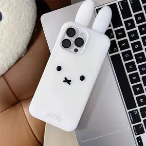 Cute Bunny Phone Case for iPhone 11 12 13 14 15 Pro Max Solid Color Cartoon Protective Cover with Shockproof Feature White