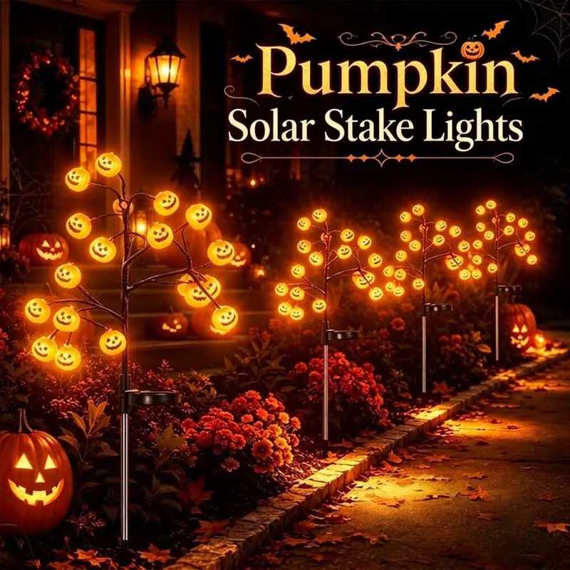 Solar Pumpkin Stake Lights, 20‑Head Halloween Garden Lights with 8Lighting Modes & Auto On/Off, Solar‑Operated Pumpkin Accent Lights, Festive Spooky Season Decor, Ideal for Yard Lawn Path, Fall Festival & Halloween Backyard Party Decors