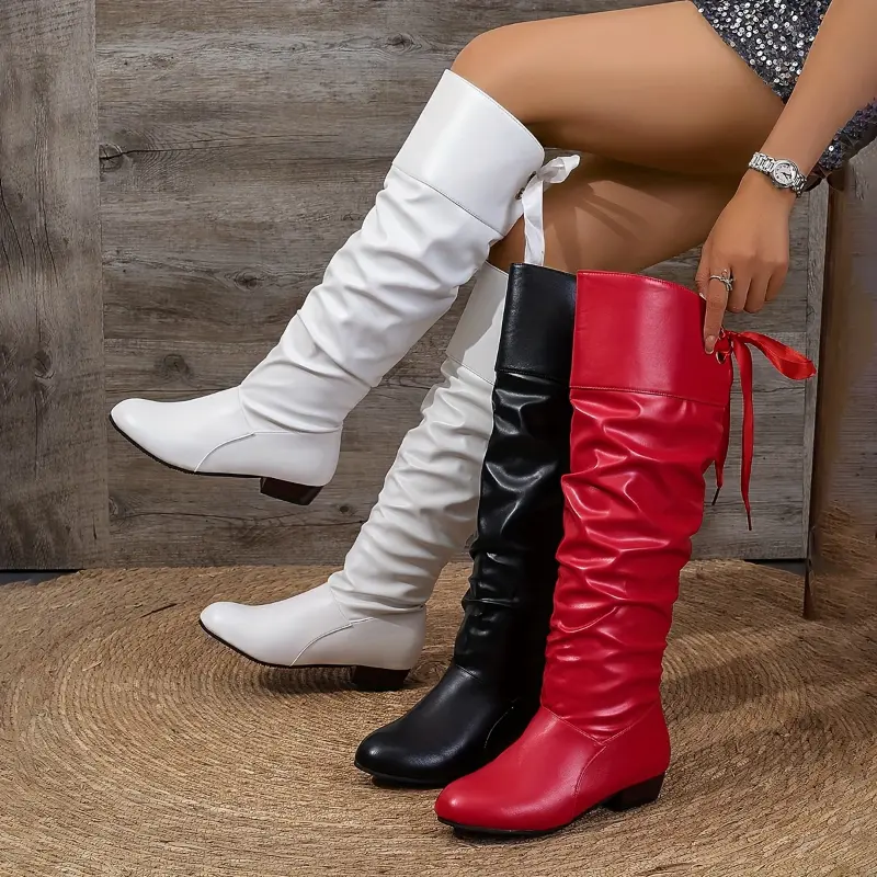 [Knee-High Boots with Bow Detail] [Comfortable Boots] Elegant Women's Knee-High Boots with Bow Detail - Square Toe, Chunky Low Heel, Lace-Up, Faux Cover & Rubber Sole, Available in White, Black, Red