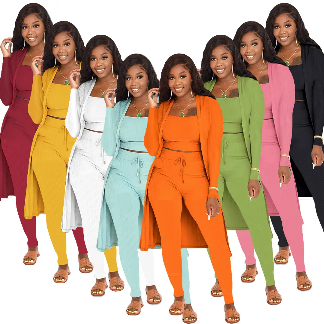 Women's 3-Piece Lightweight Jersey Pajama Set - Cropped Tank Top, Long Duster Cardigan, Drawstring Legging Pants, Cute Knitting Retro Style, Soft Fitted Athletic Basics, Clean Tailoring, Above The Knee, for Casual Lounging