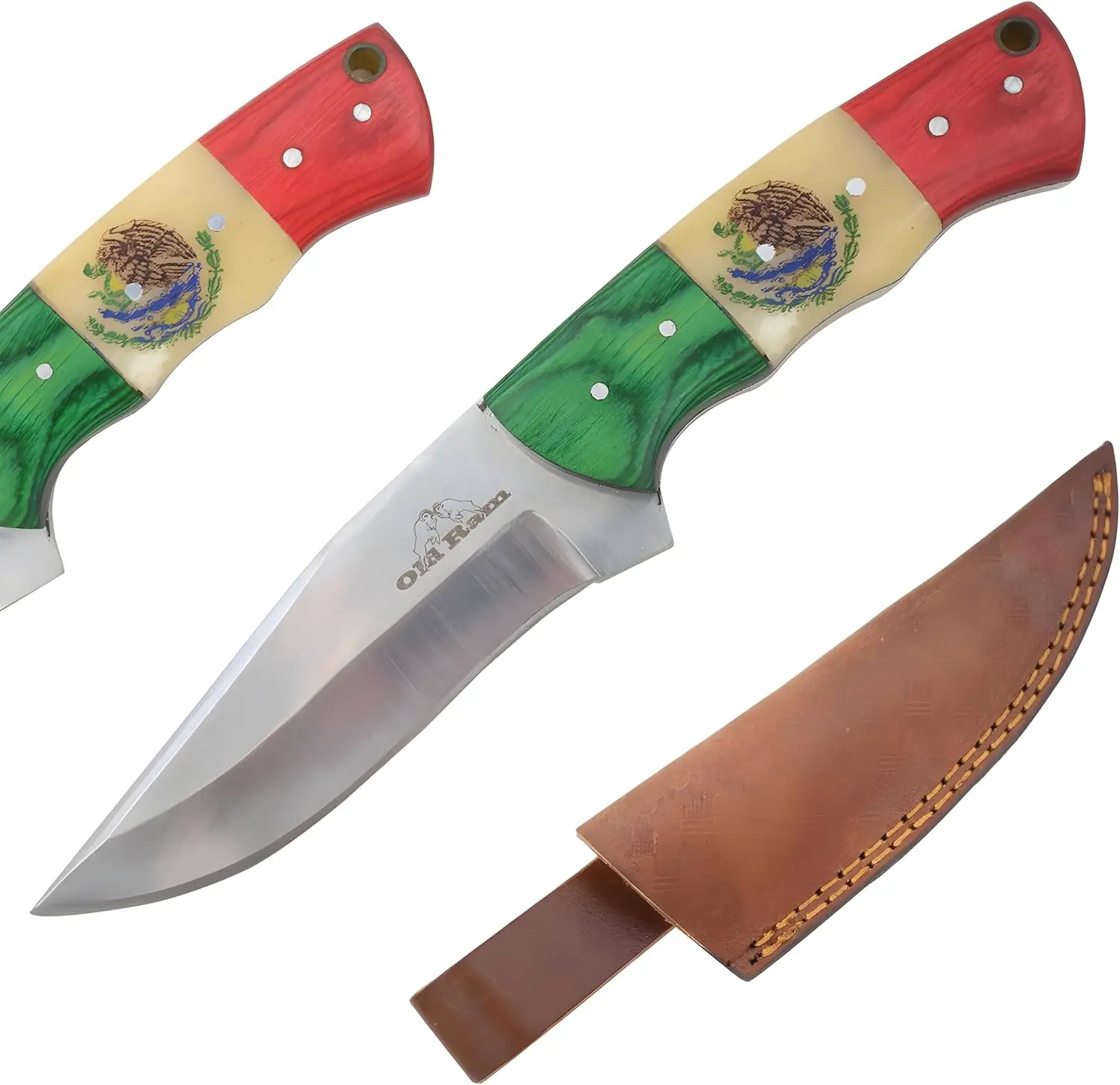 Old Ram Handmade Stainless Steel Mexico Flag 8-in Fixed Blade Kitchen Knife, 4-in Bone & Wooden Handle, With Leather Sheath