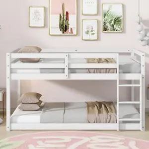 Low Bunk Beds Twin Over Twin Floor Bunk Bed Frame Junior Loft Bed for Kids Boys Girls Teens Wood Twin Bunk Bed with Safety Fences, White