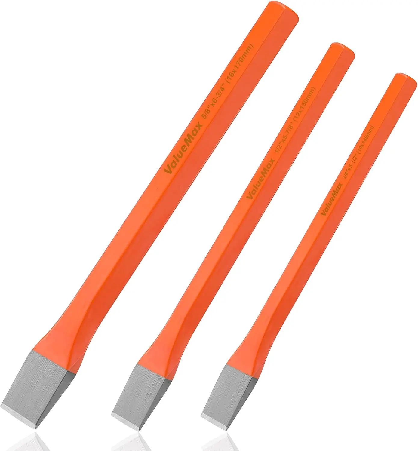 ValueMax 3-Piece Cold Chisel Set, Heavy-Duty Cr-V Steel Metal Chisels in 3/8, 1/2 and 5/8 Inch Sizes ValueMax 3-Piece Cold Chisel Set, Heavy-Duty Cr-V Steel Metal Chisels in 3/8, 1/2 and 5/8 Inch Sizes