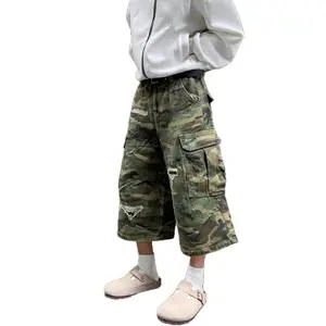 American retro distressed patch straight camouflage denim shorts