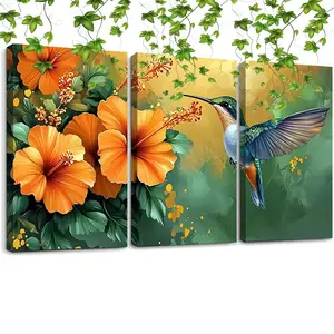 Framed 3pcs Orange and Teal Hummingbird Canvas Wall Art Hawaii Hibiscus Flower Poster Painting Prints for Home Dining Room Living Room Wall Decor Artwork