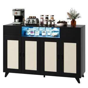 Rattan Sideboard Buffet Cabinet with 2 Drawers Storage, Boho Wood Sideboard with Charging Station and RGB LED Lighting, 4 Doors Adjustable Shelves Accent Cabinet, Console Side Board for Living Room Dining Room Entryway Coffee Bar