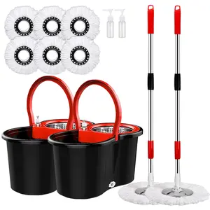 Spin Mop and Bucket with Wringer Set, 360° Adjustable Stainless Steel 6 Microfiber Mop Heads and 61" Extended Handle for Floor Cleaning (Set of 2)