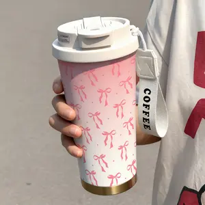 1 Pc insulated mug pink bow ribbon vacuum cup, Vacuum insulated flask, double wall stainless steel leak-proof travel coffee tumbler, tumbler for hot cold drinks, keeps warm 12 h/cold 24 h, 18oz pink thermal mug for women, holiday gift, Insulated Cups