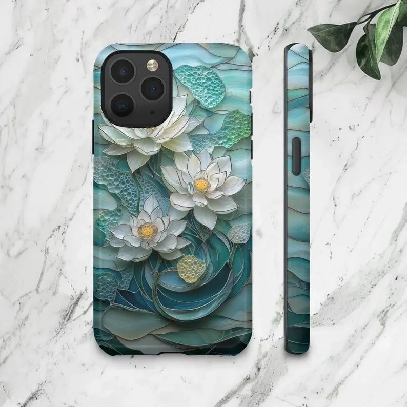 Stained Glass Lotus Blossom Magnetic Tough Cellphone Cover - Boho Floral, Nature-Inspired Protector Casing for iPhone 11,12,13,14,15,16,17 Pro,Plus,ProMax Mobile Phone Accessories, Flower, Shockproof