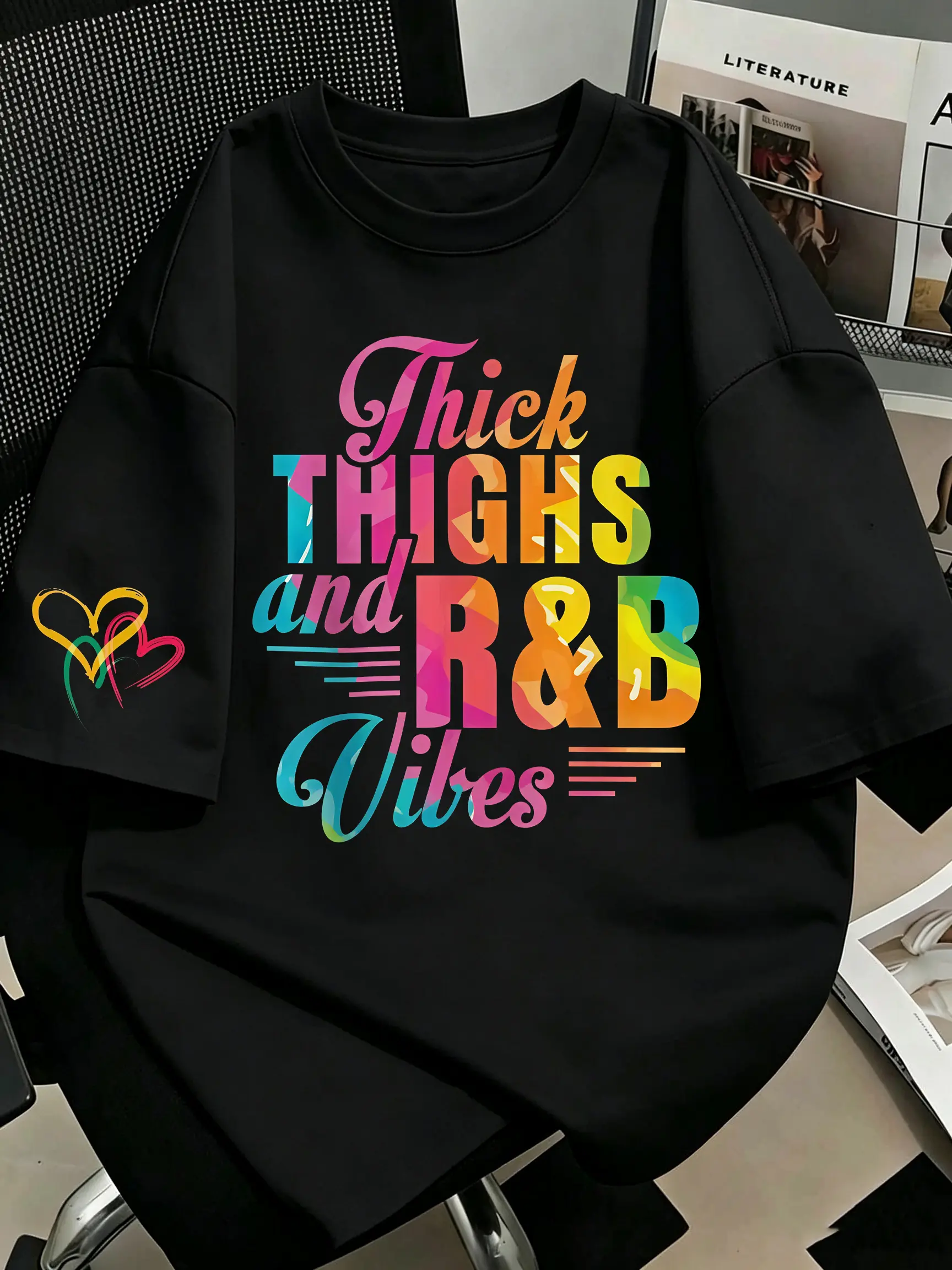 Multicolor Polygon Gradient “Thick Thighs And R&B Vibes” Back‑Print Mini Intertwined Rainbow Hearts Sleeve Graphic Tee | 90s R&B Lover Body Positivity Everyday Oversized Casual White Shirt