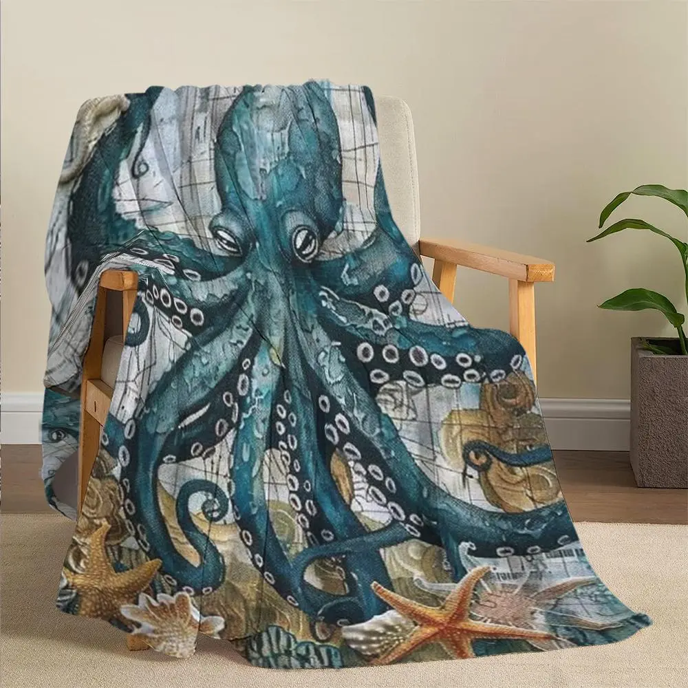 Octopus Pattern Blanket, 1 Count Soft Comfortable Throw Blanket, Lightweight Vintage Flannel Bedding for Sofa and Bed, Home Decoration
