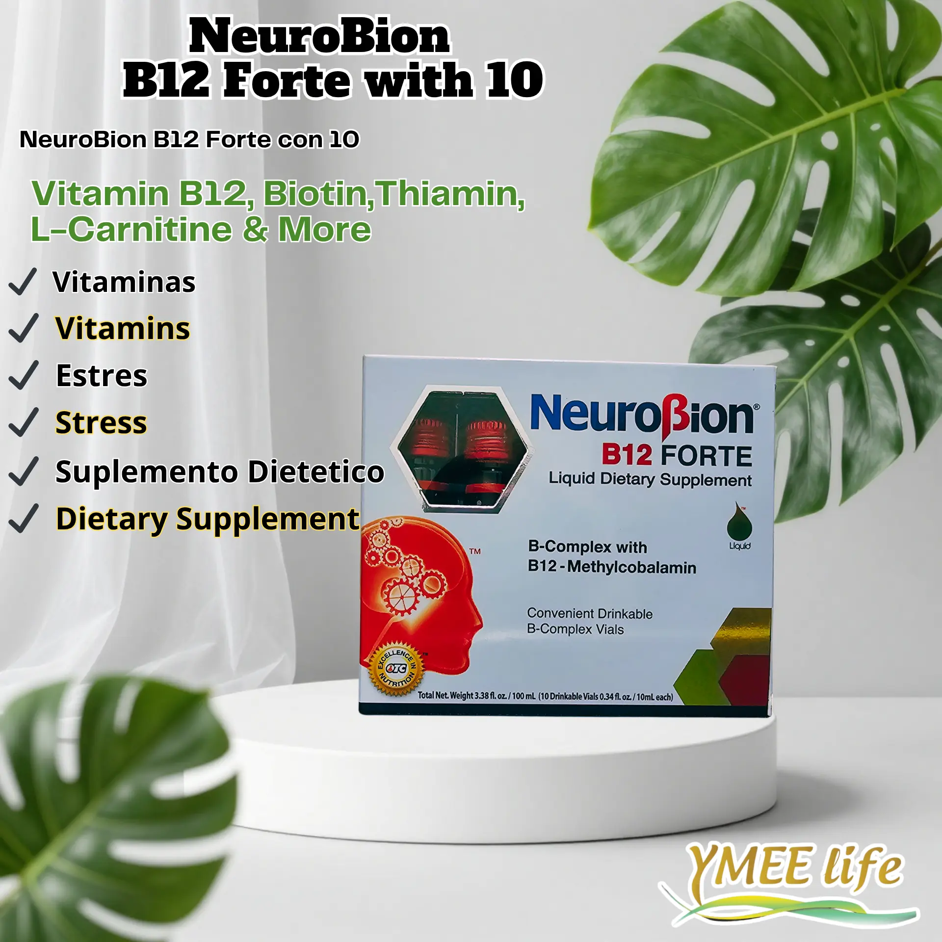 NeuroBion B12 Forte Liquid Vitamin Dietary Supplement - Drink Vitamins Supplements, Contains B12, Prop 65 Safe, Supports Healthcare & Metabolism, 10 Vials