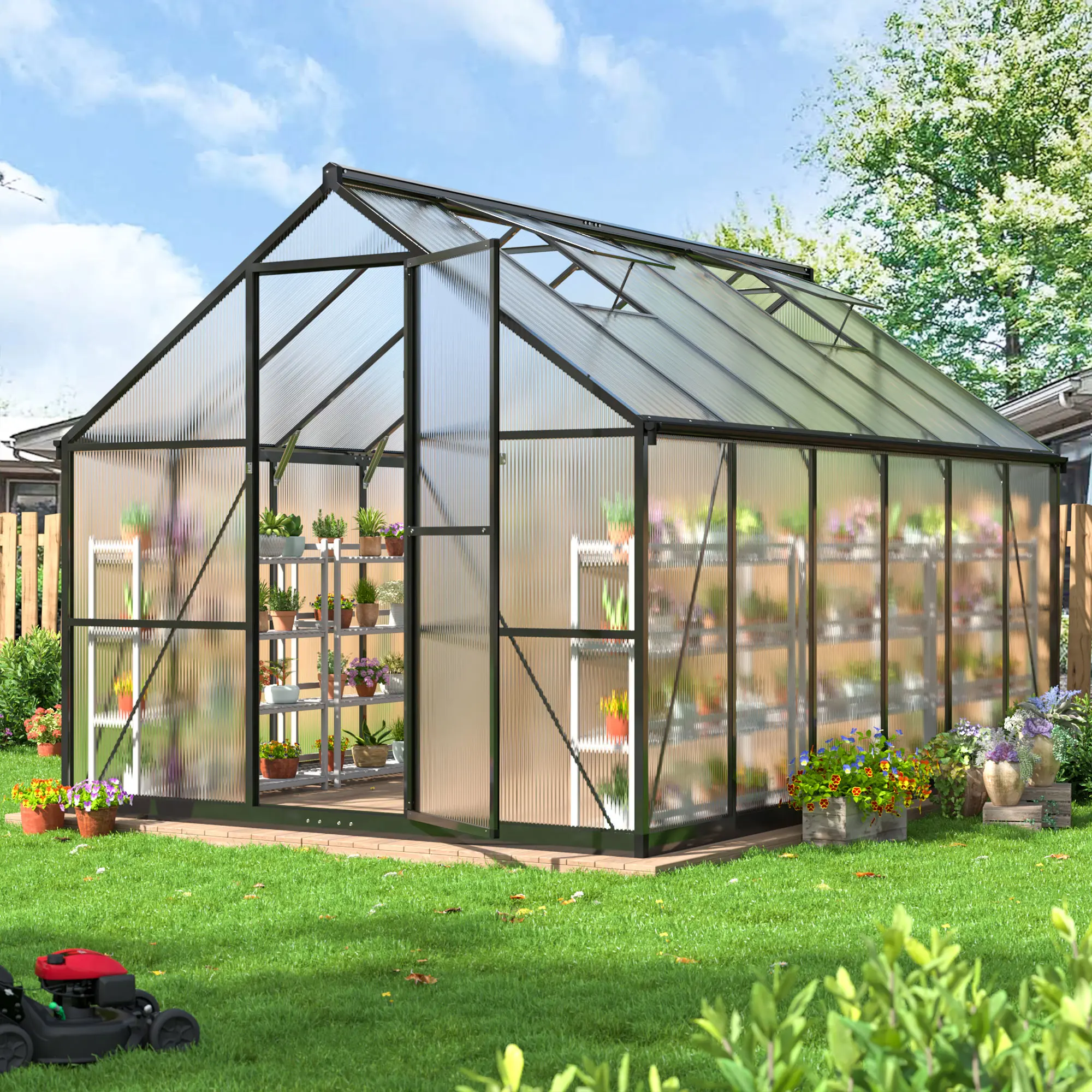 Outdoor Greenhouse, Polycarbonate Greenhouse Featuring a Quick Assembly Structure and Roof Ventilation, Aluminum Walk-In Greenhouse for Garden Backyard Use