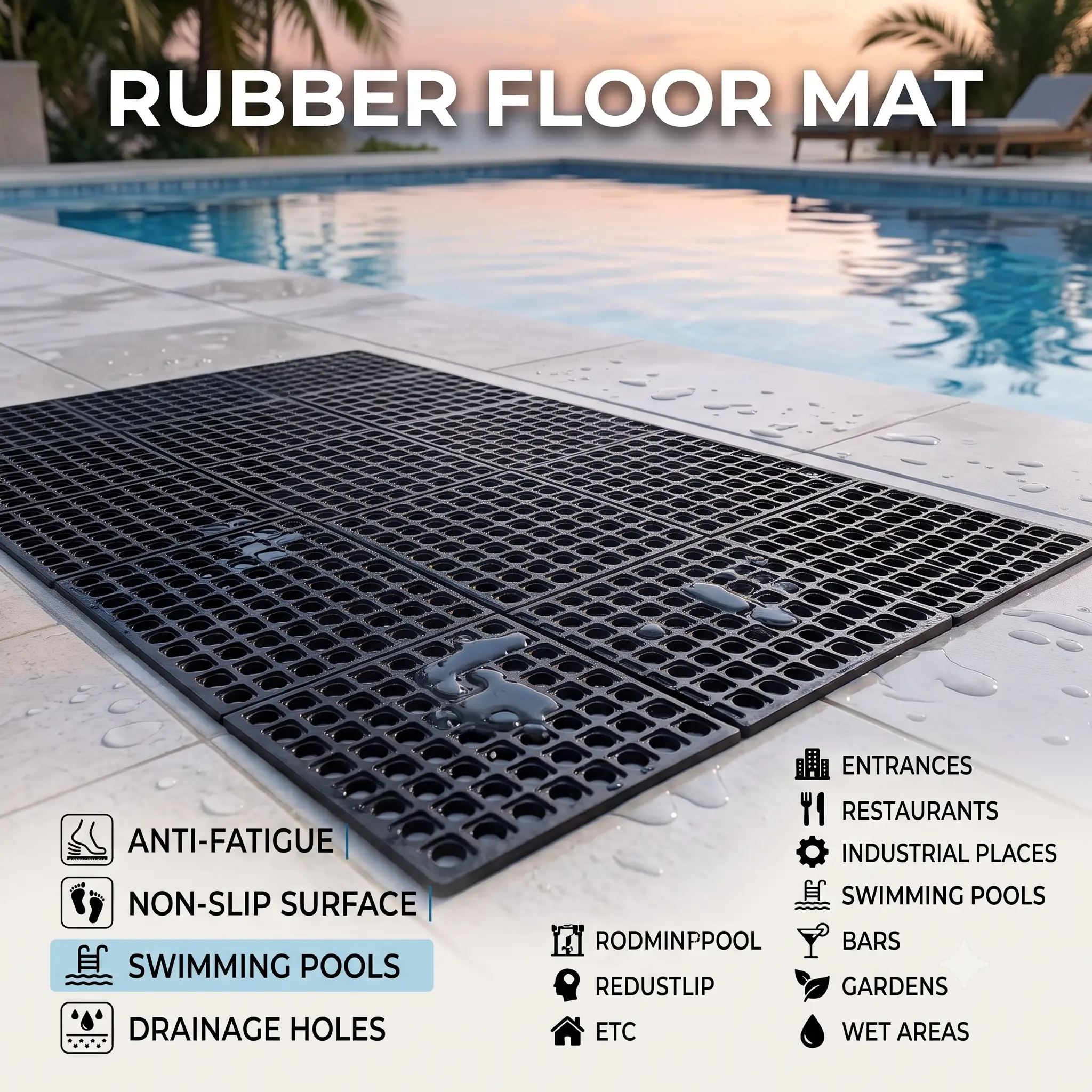 jxgzyy Commercial Rubber Floor Mat, 3 x 5 Anti Fatigue Non-Slip Drainage Mat for Entrance, Restaurant, Industrial Pool, Bar, Garden, Wet Areas, Black