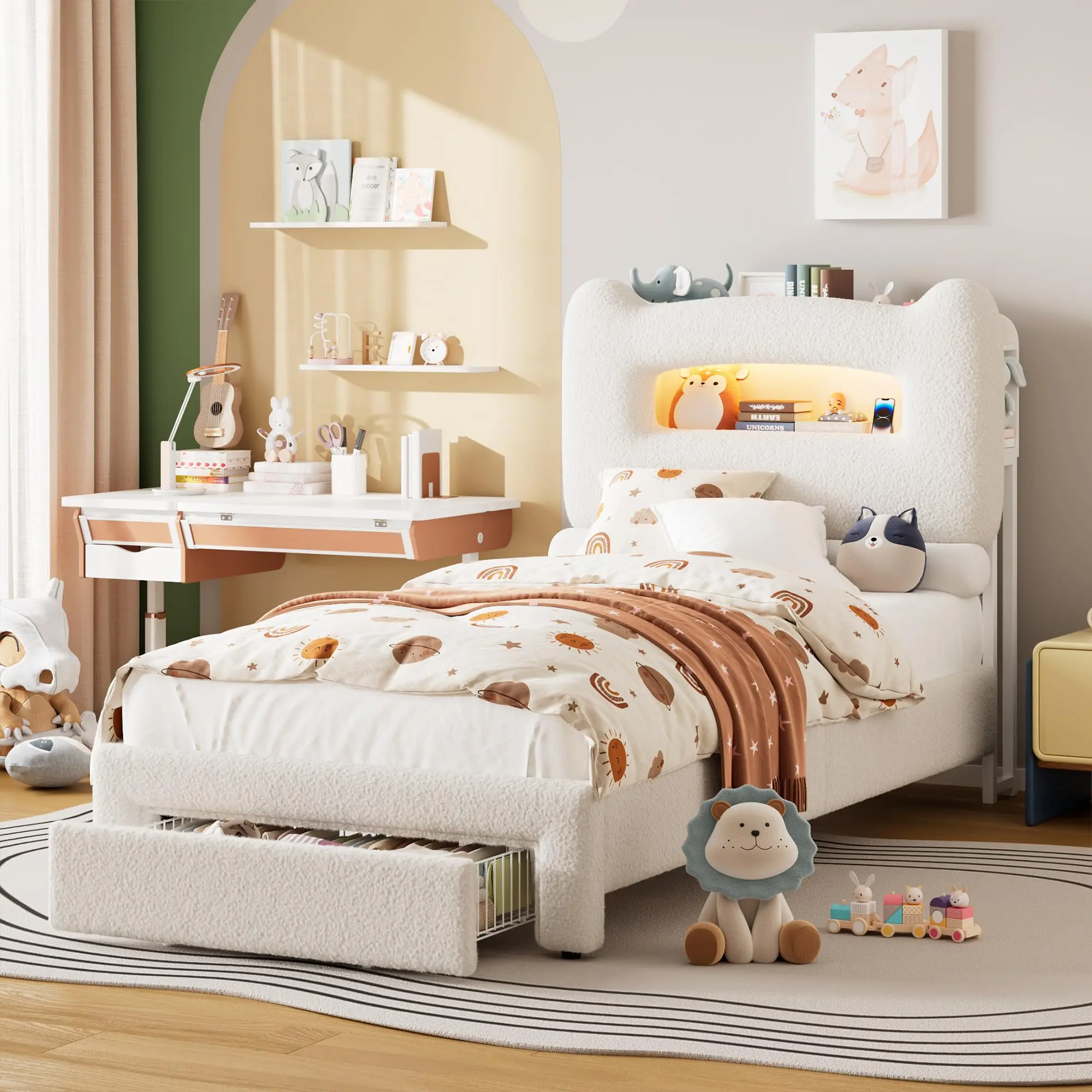 Garvee Upholstered Twin Bed Frame - Sturdy Metal Support Bed Frame with 2-Level Multiple Tiers Storage Headboard, LED Light Platform, USB Port Charging Station, Drawer, No Box Spring Needed, Space-Saving