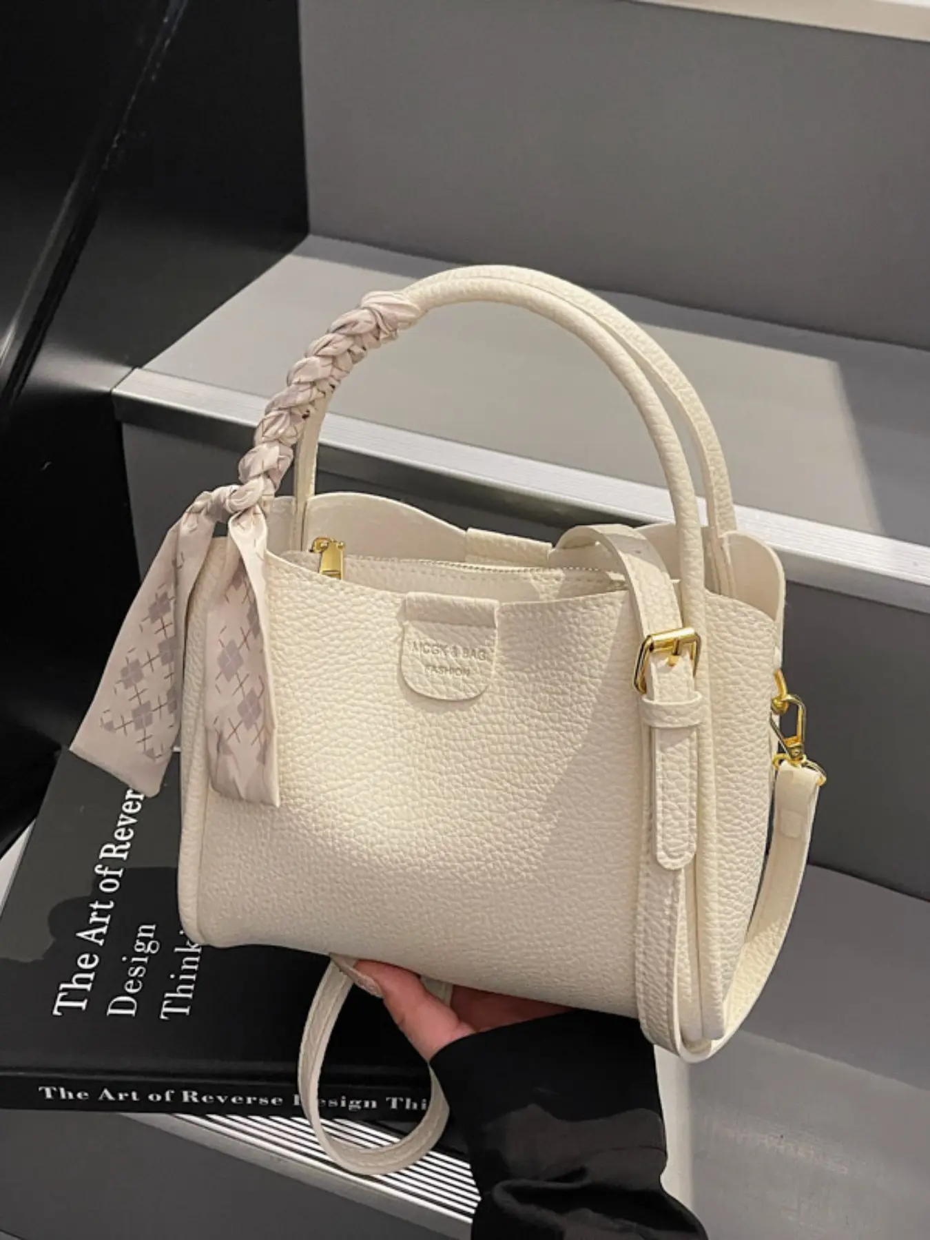 Litchi Texture Handbag & Stylish Crossbody Bag, Woven Handle + Plaid Scarf Detail, Fits Phone & Lipstick, Ideal for Students/working Girls/gentle Women, Fashionable Bags, Handbag Shoulder Bag