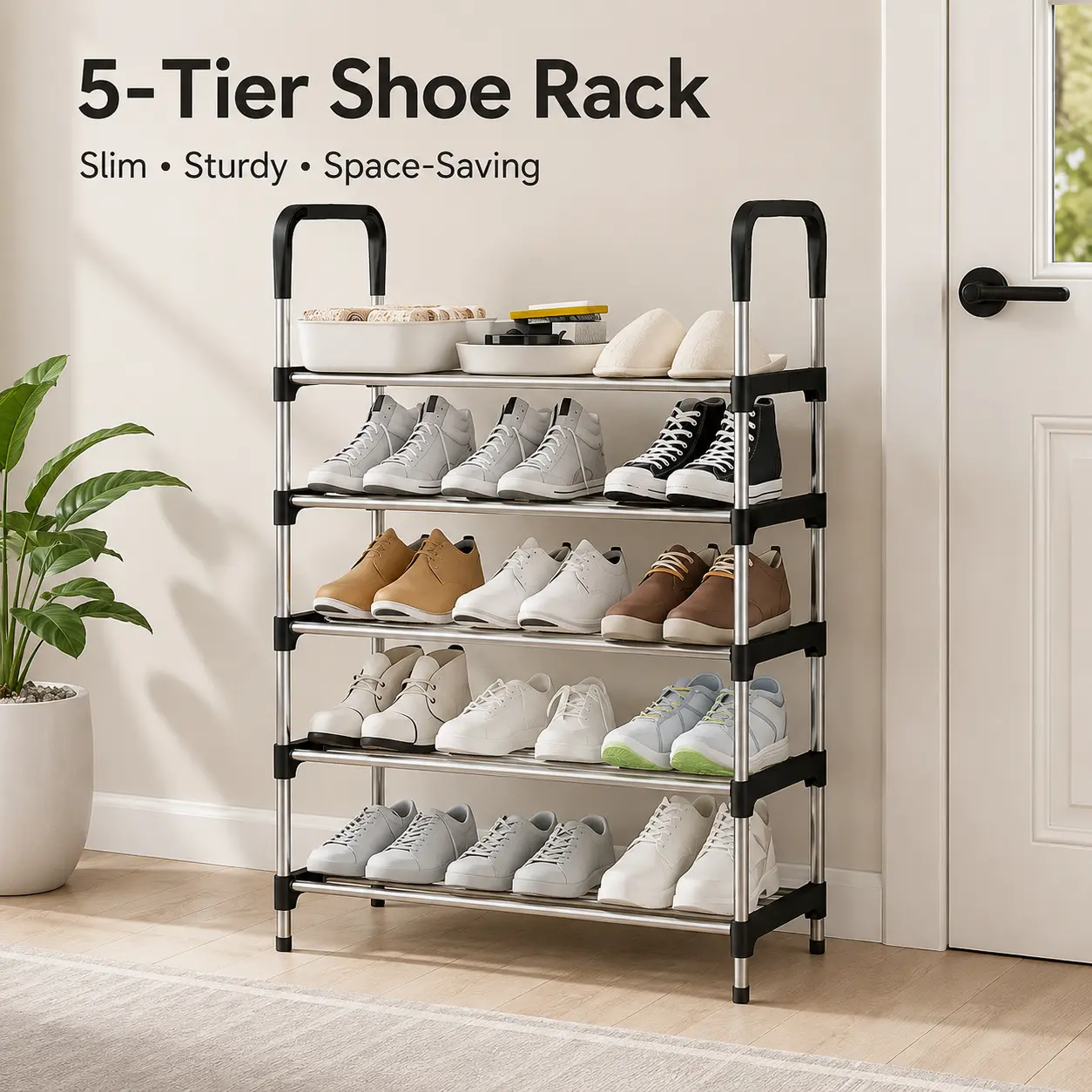 5-Tier Shoe Rack Organizer, Black Carbon Steel Shoe Storage Shelf with Handles, Space Saving Shoe Rack for Entryway, Bedroom, Closet & Dorm Room,  shoe storage system