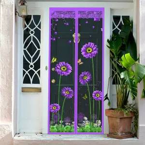 Daisy Embroidered Magnetic Screen Door - Easy to Install, Pet and Child Friendly Fiberglass Sliding Door with Magnetic Closing Mesh Decorative